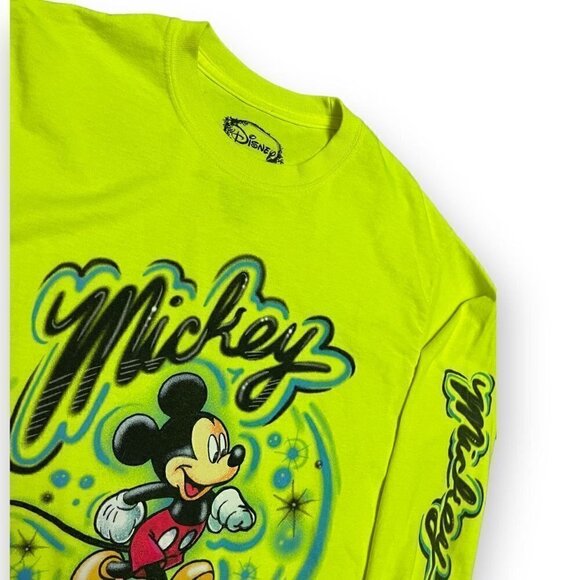 Disney Mickey Mouse Neon Green Airbrush Long Sleeve Tee Shirt - Mens Small - Picture 3 of 5